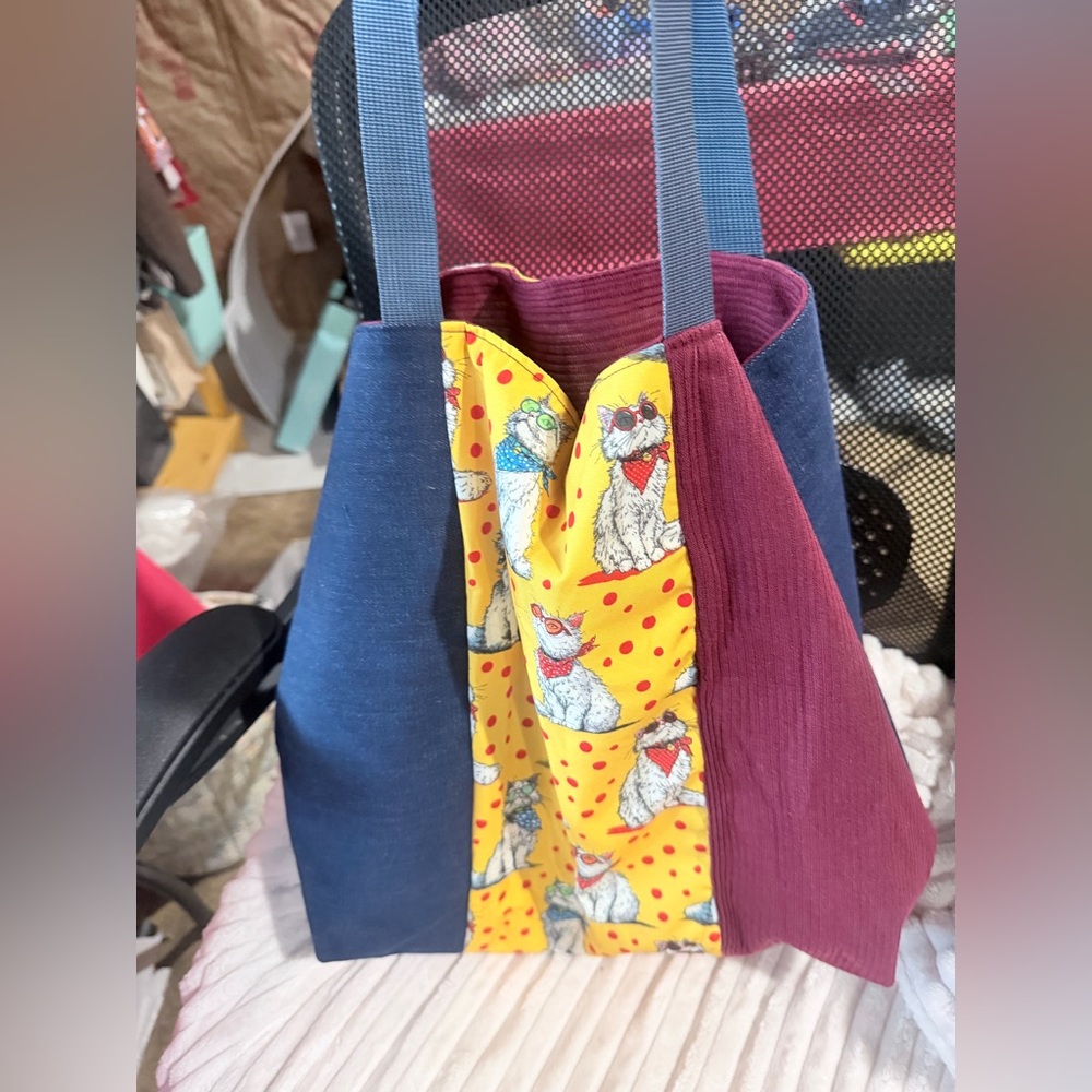 Handmade tote with recycled jeans and cats.
